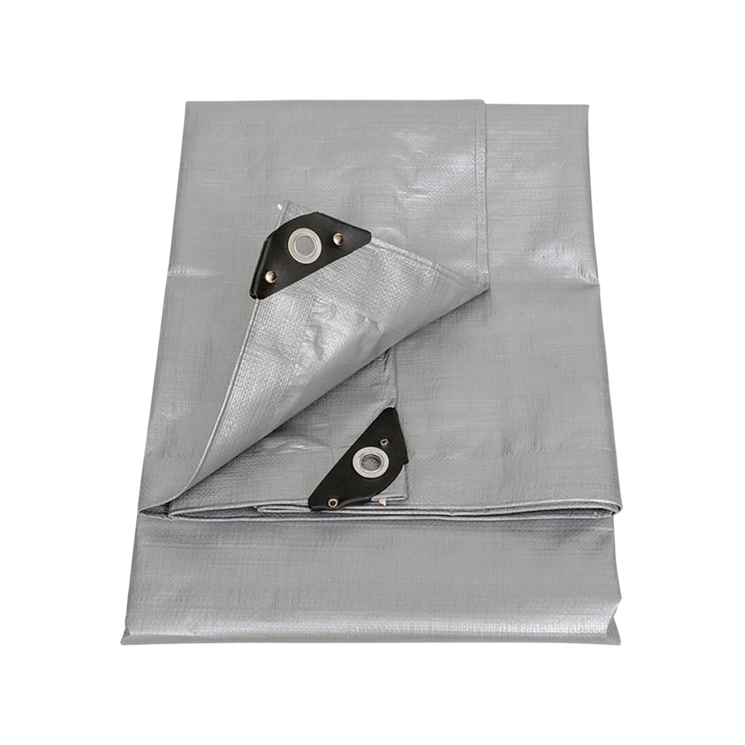 Lona gris de uso rudo plegada con ojales metálicos y esquinas negras reforzadas, para protección exterior