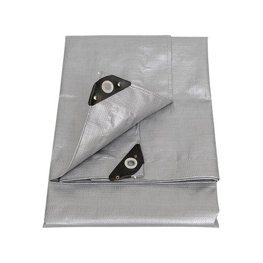 Lona gris de uso rudo plegada con ojales metálicos y esquinas negras reforzadas, para protección exterior