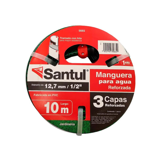 Manguera para agua Santul 5665, 1/2"x10m verde, 3 capas reforzadas con hilo de PVC para jardinería.