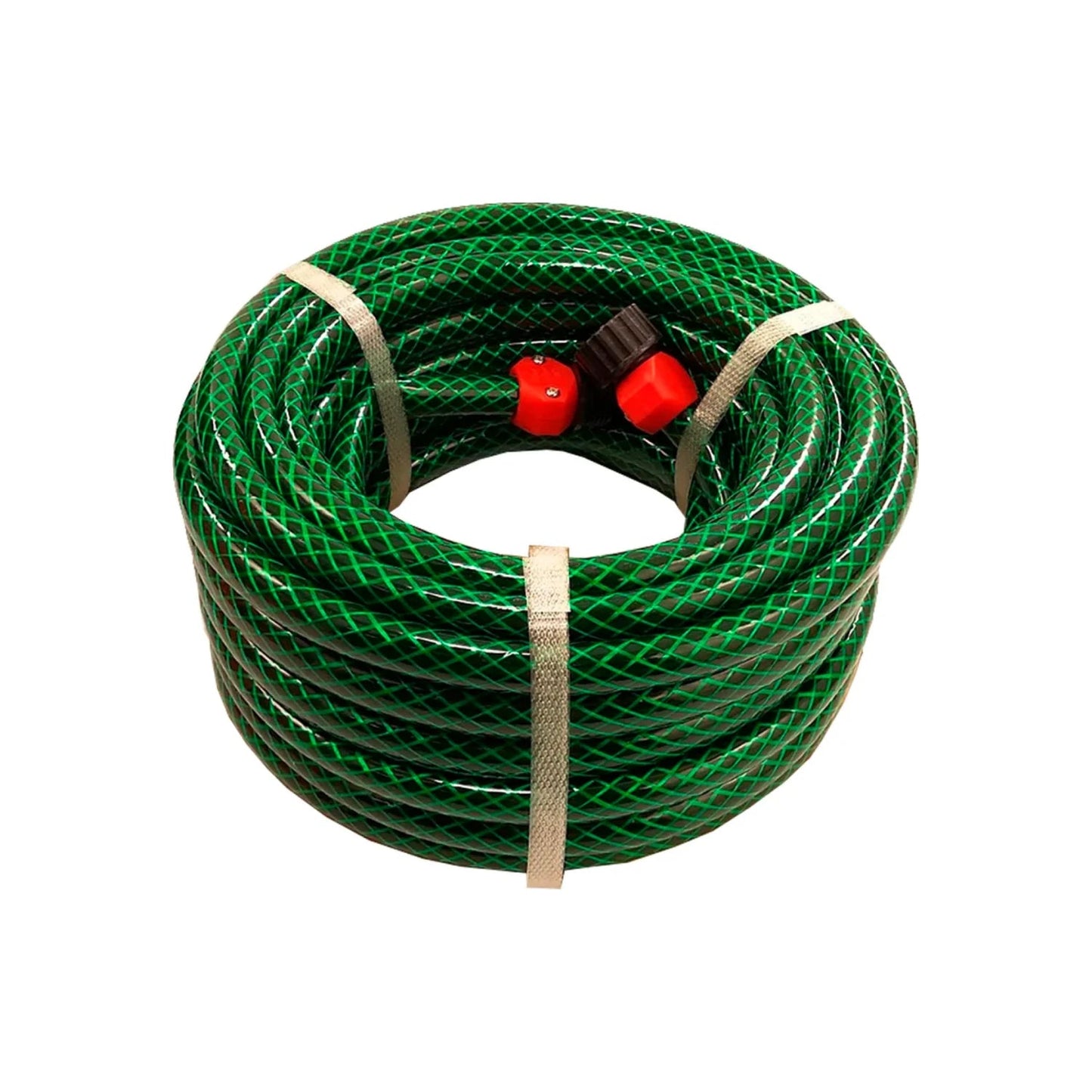 Manguera de jardín tramada verde enrollada con conectores rápidos, ideal para riego y trabajos exteriores.