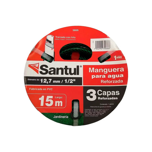Manguera Santul de jardín 1/2"x15m verde, PVC reforzada tricapa, tramada para mayor resistencia