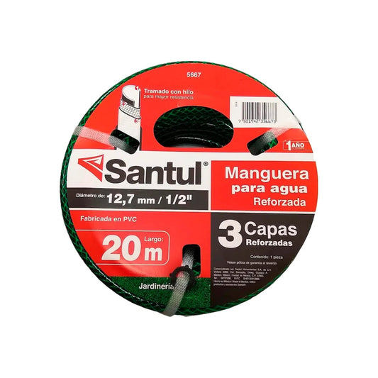 Manguera de agua Santul 5667 verde 1/2"x20m, reforzada tricapa tramada de PVC