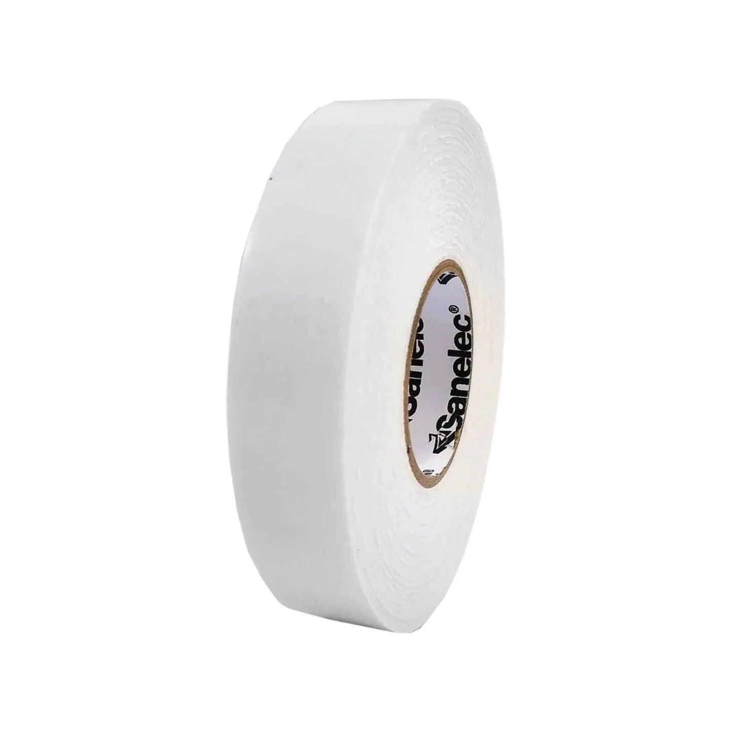 Rollo de cinta adhesiva blanca Sanelec, ideal para trabajos de ferretería y hogar.
