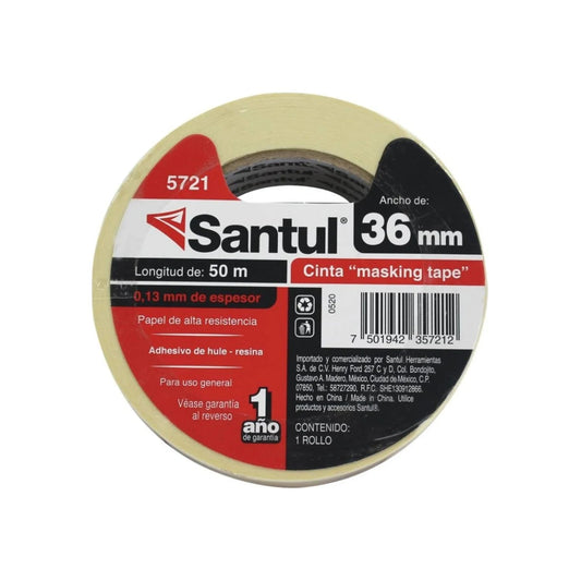Cinta de enmascarar Santul 5721 beige 36mm x 50m. Papel de alta resistencia, adhesivo hule-resina, uso general.