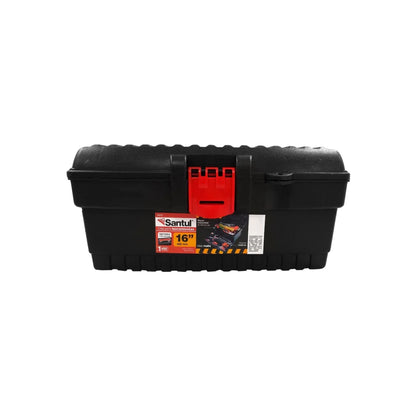Caja de herramientas Santul 16 pulgadas negra con cierres rojos, resistente para uso rudo y gran capacidad.