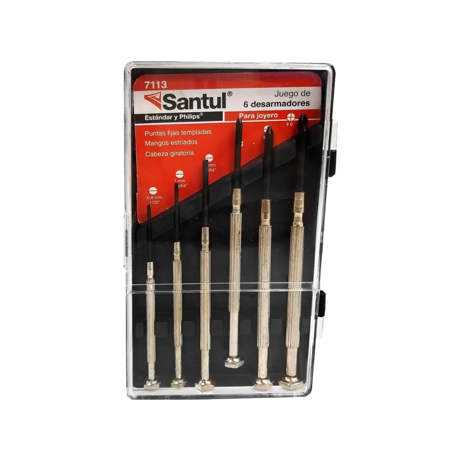 Juego de 6 desarmadores joyero Santul 7113 con puntas planas y Phillips templadas, mangos estriados.
