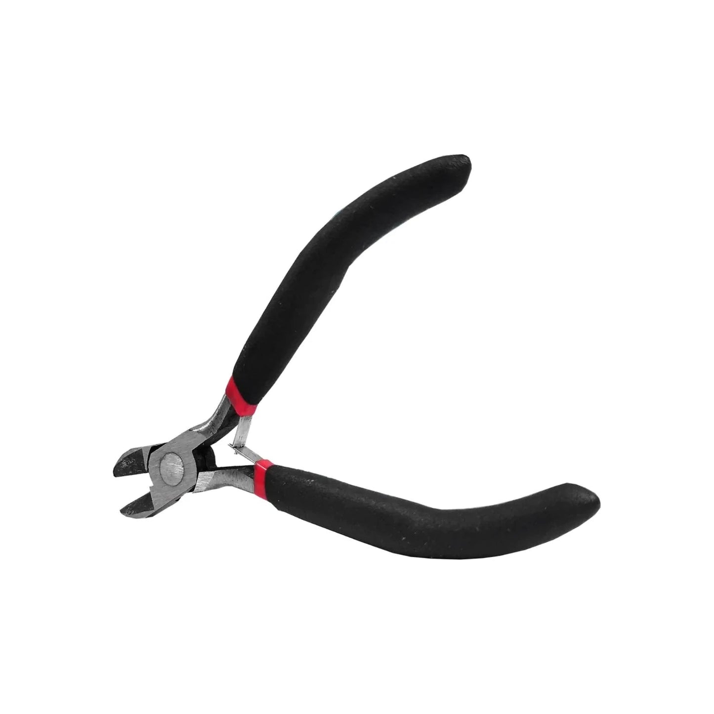Pinza de corte diagonal 4 1/4 pulgadas con mangos negros antideslizantes y detalles rojos para trabajos eléctricos