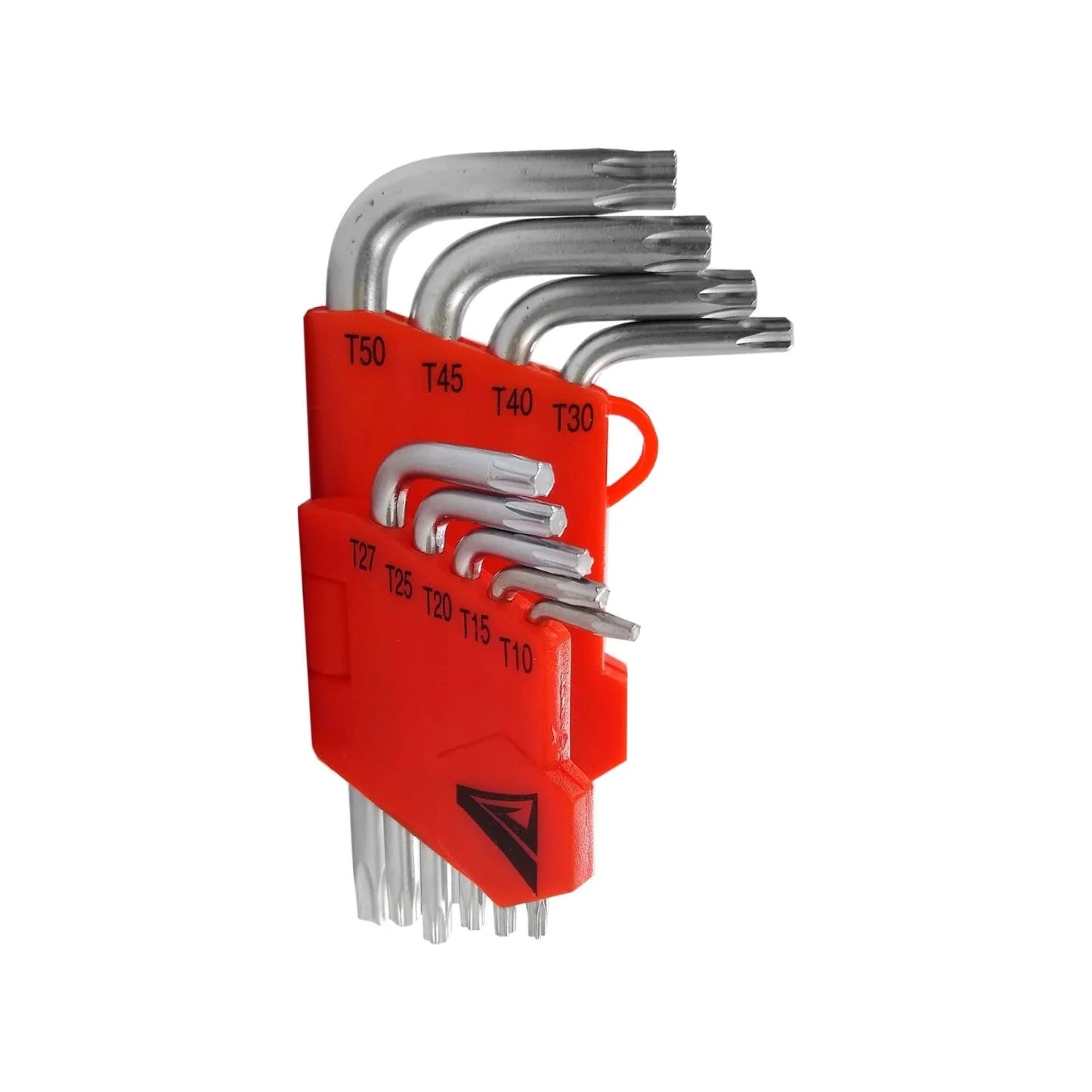 Juego de llaves Torx de seguridad (TR) en L, 9 piezas T10-T50, cromadas, con soporte organizador rojo para tornillos.