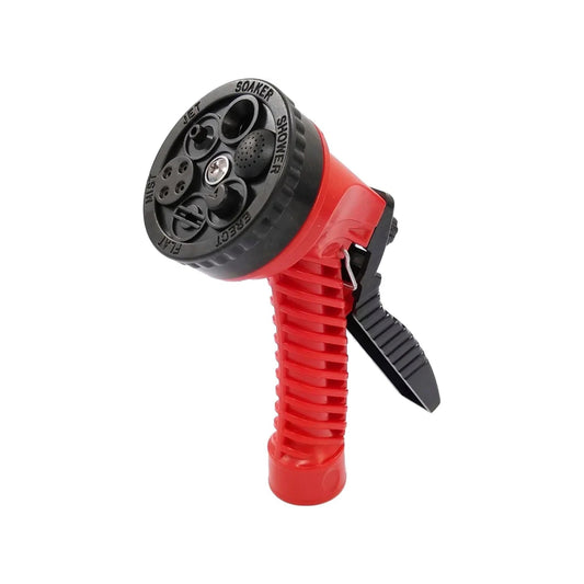 Pistola de riego para manguera de jardín roja y negra, 6 funciones ajustables: chorro, ducha, remojo, niebla, plano.