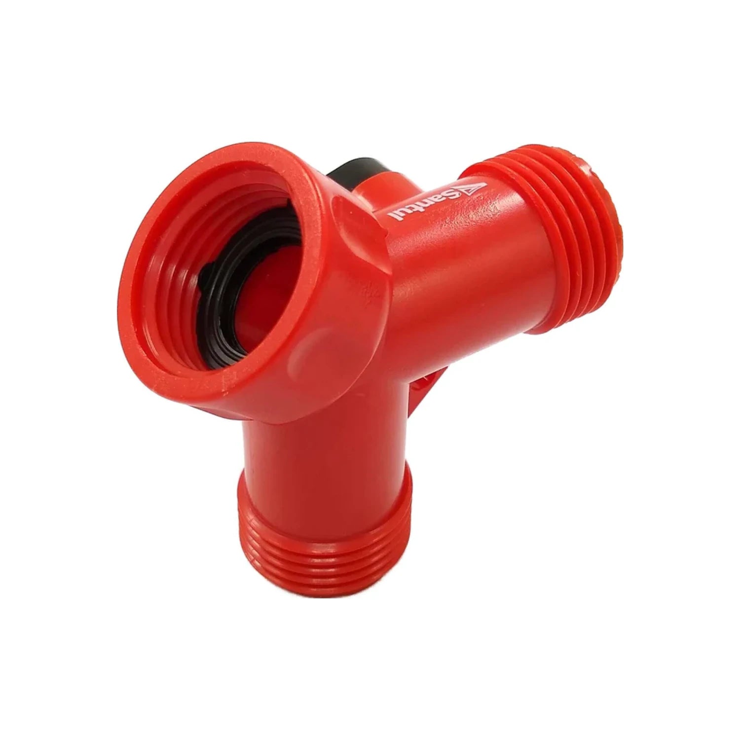 Conexión 'Y' plástica roja para manguera Santul, acople divisor de agua.