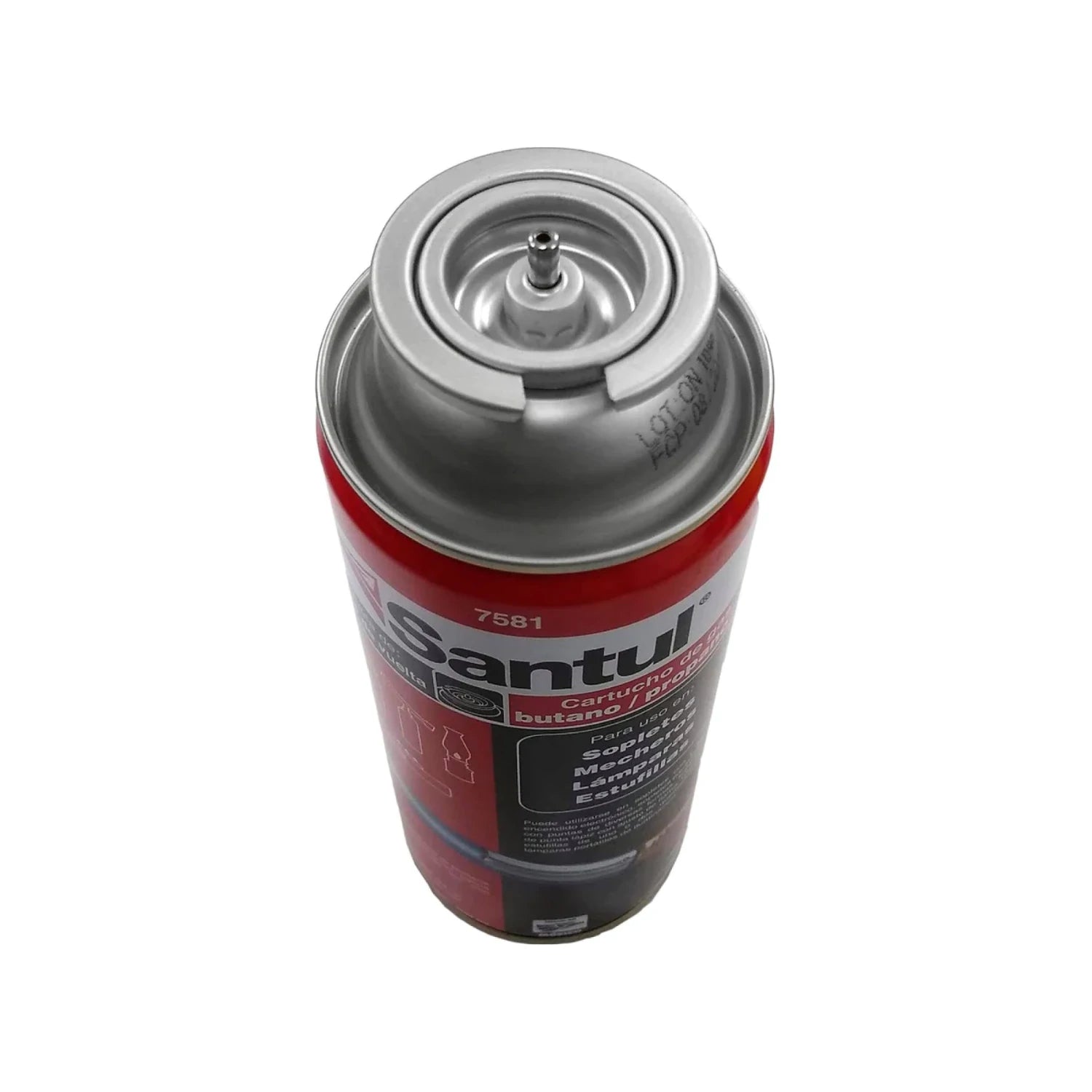 Cartucho de gas butano propano Santul 7581 para estufillas, sopletes y lámparas, color rojo y plata.