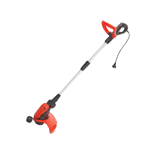 Desbrozadora eléctrica 550W roja y negra para jardín, ideal para cortar césped y maleza con precisión.