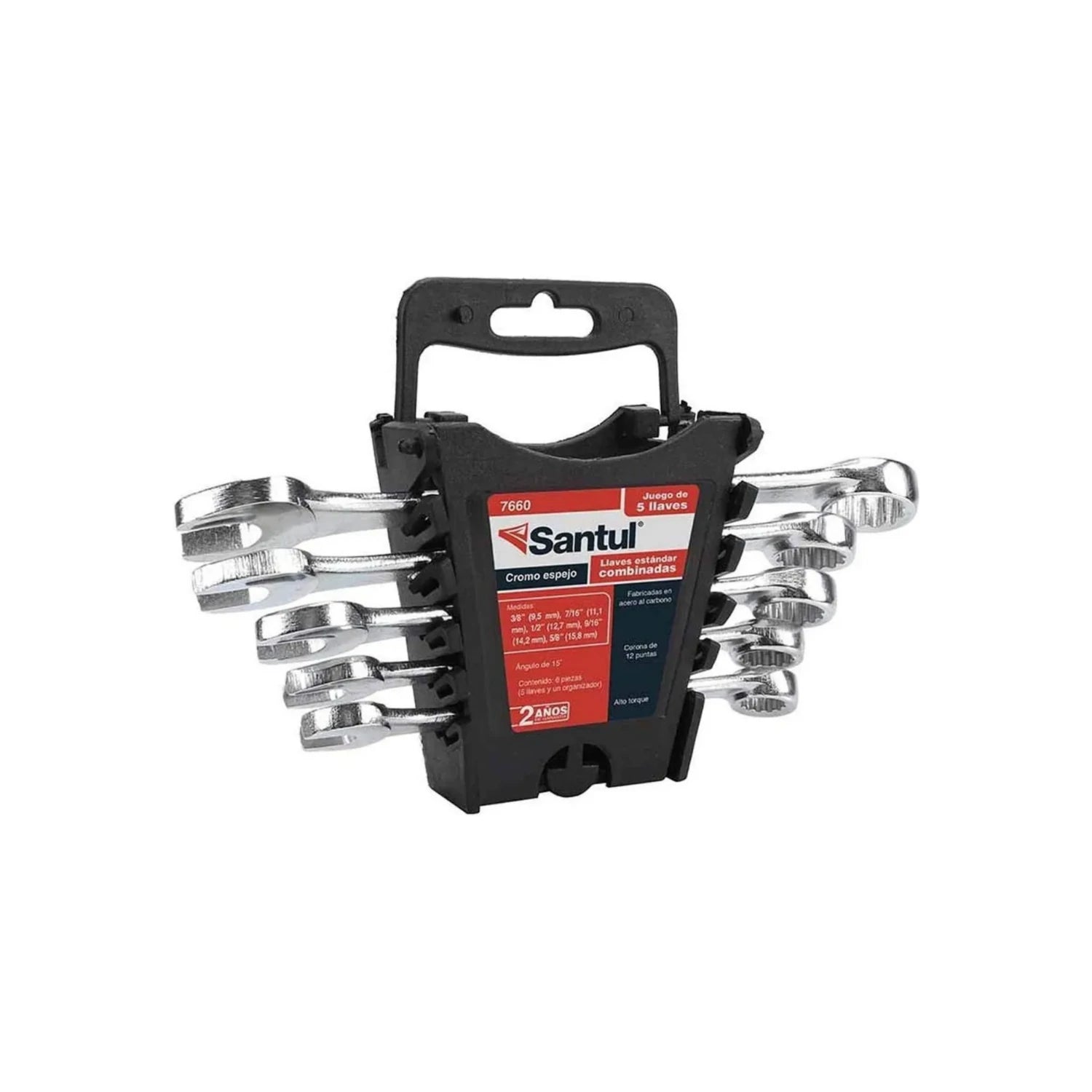 Juego de 5 llaves combinadas Santul 7660 estándar, acabado cromo espejo con organizador negro.