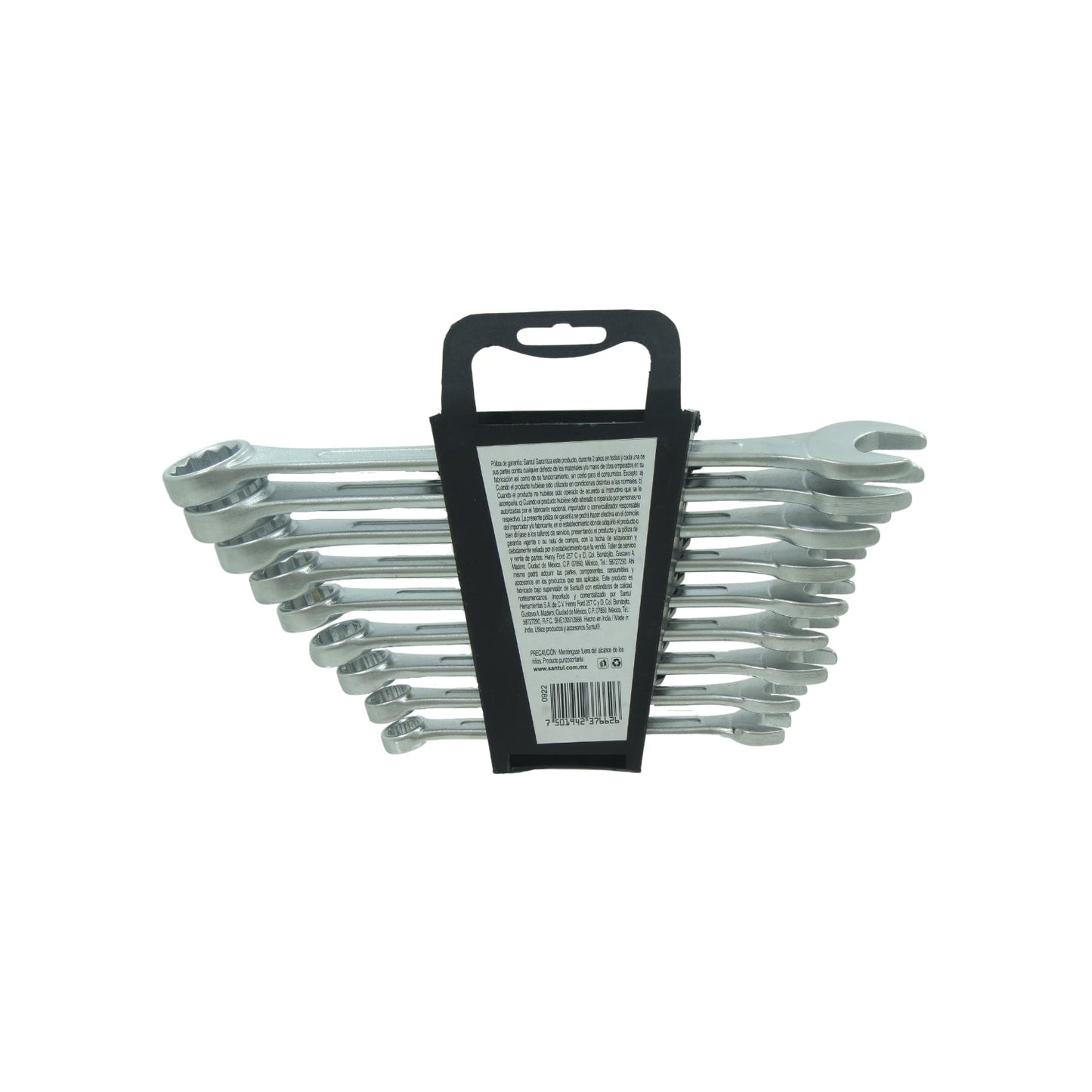 Juego de 9 llaves mixtas estándar Santul, acabado cromado brillante en organizador negro para ferretería.