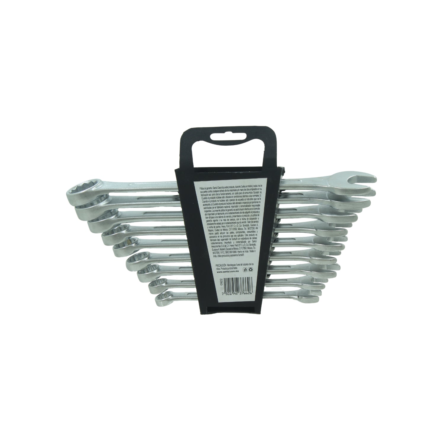 Juego de 9 llaves mixtas estándar Santul, acabado cromado brillante en organizador negro para ferretería.