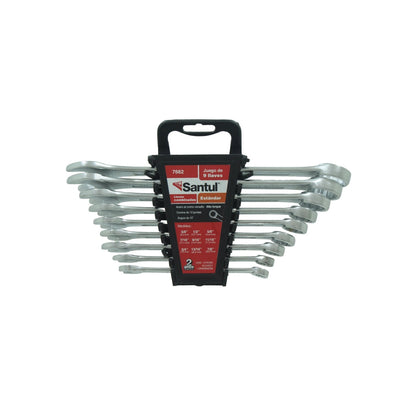 Juego de 9 llaves mixtas estándar Santul 7662 de acero cromo vanadio, medidas en pulgadas, acabado cromado