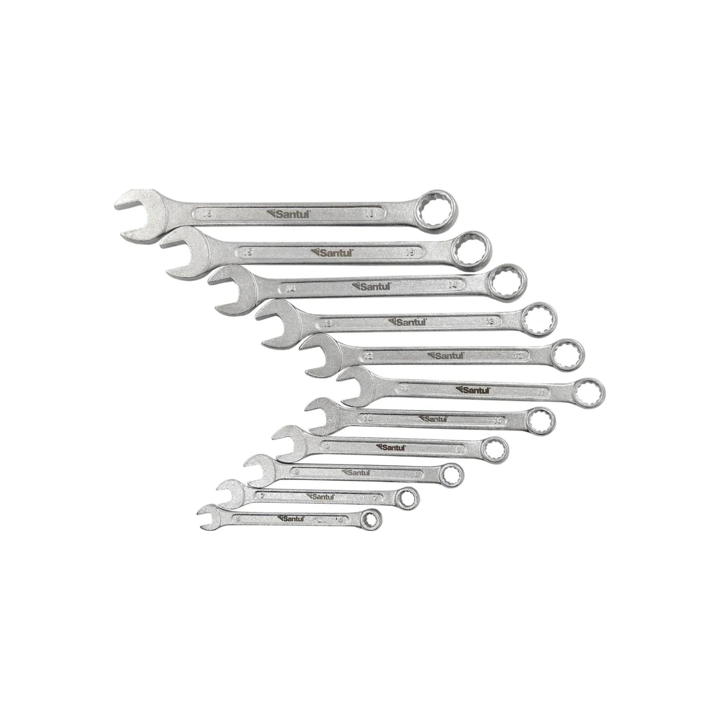 Juego de 11 llaves mixtas Santul milimétricas del 8 al 18mm, acabado cromado profesional para taller.