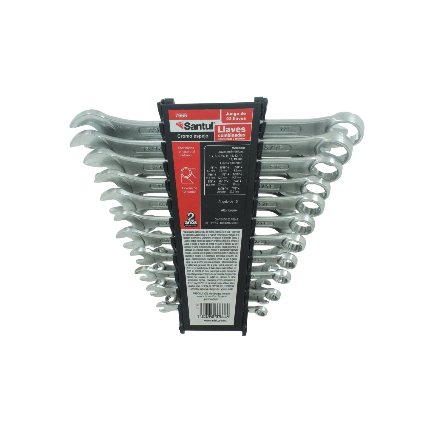 Juego de 22 llaves combinadas Santul cromadas, milimétricas y estándar de alto torque