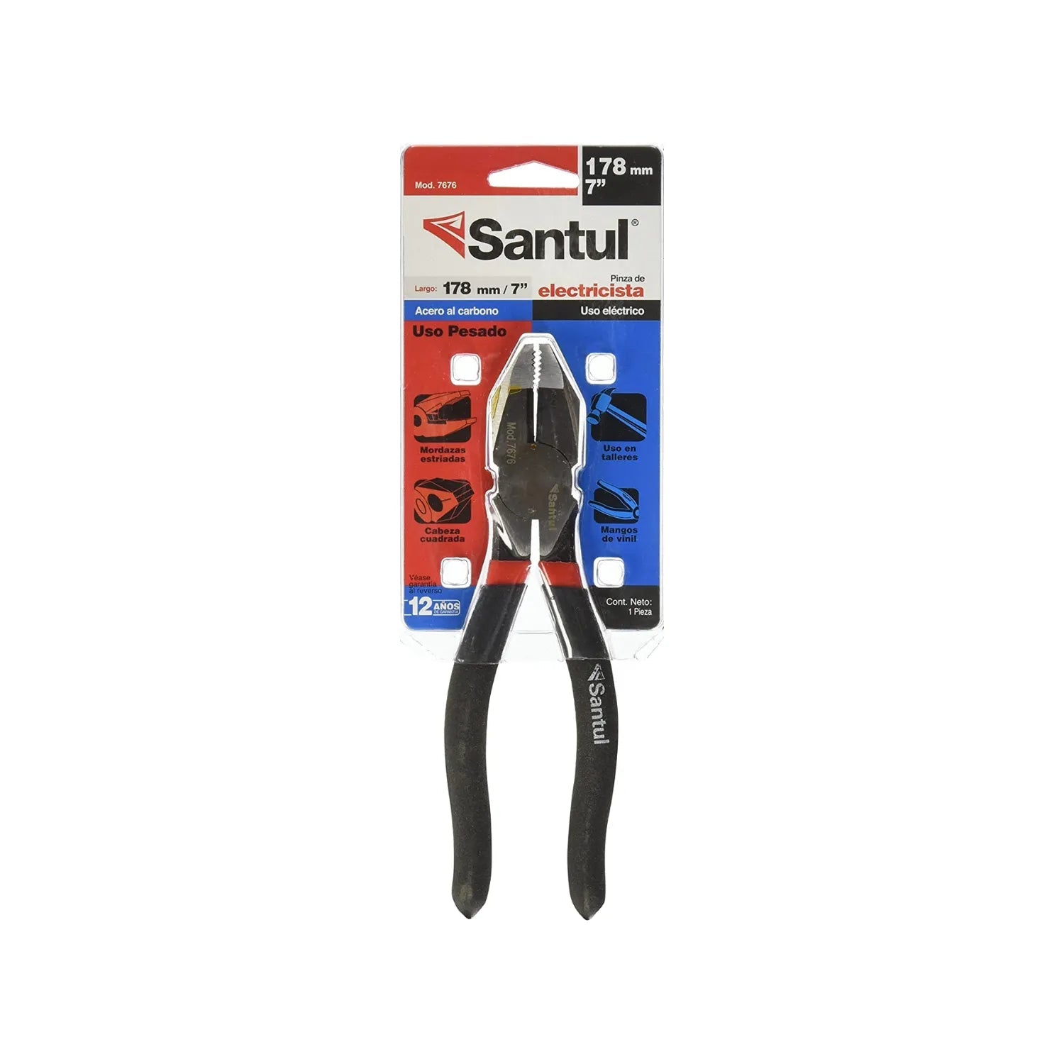 Pinza electricista Santul 7" (178mm) acero al carbono, mangos aislados negros y rojos, uso rudo.