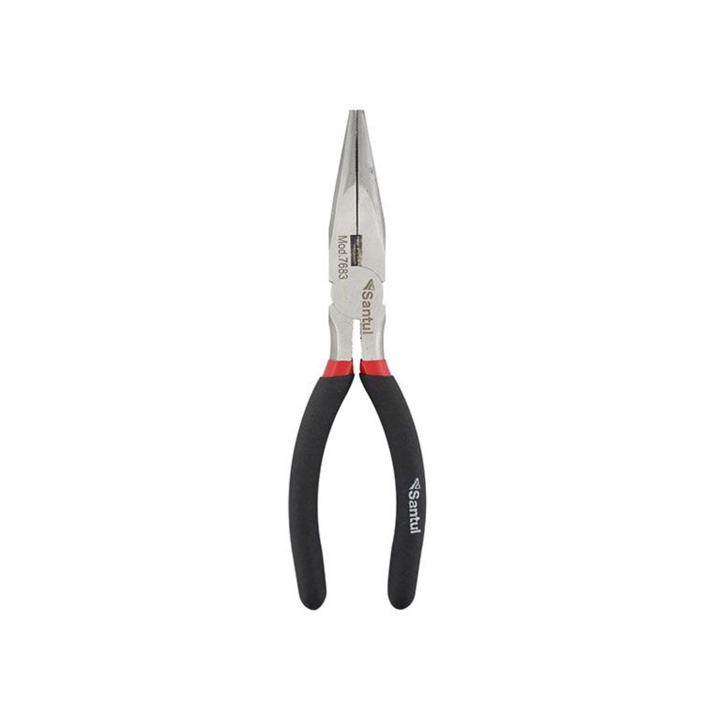 Pinza de punta y corte Santul profesional 8 pulgadas, modelo 7683, mangos ergonómicos negro y rojo.