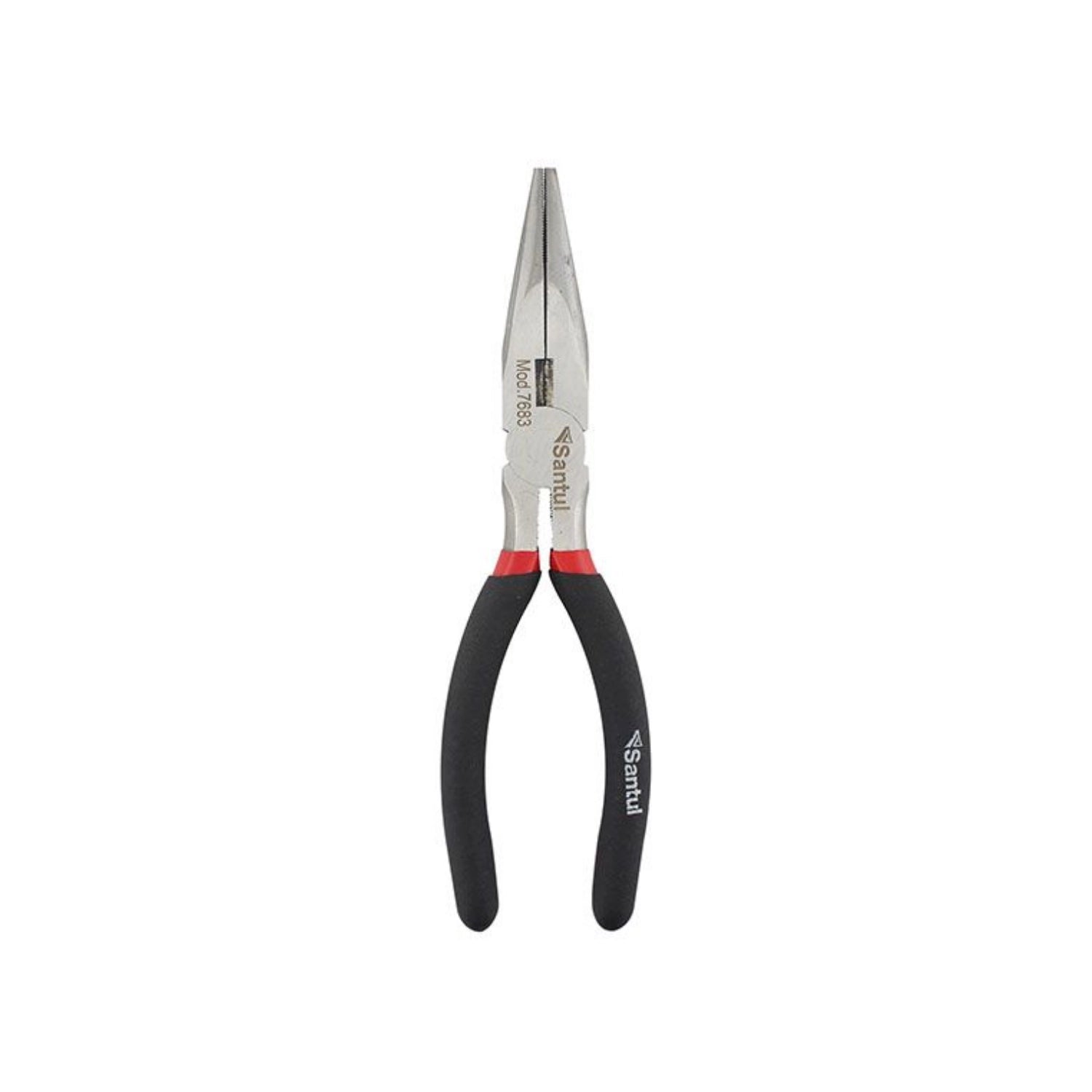 Pinza de punta y corte Santul profesional 8 pulgadas, modelo 7683, mangos ergonómicos negro y rojo.