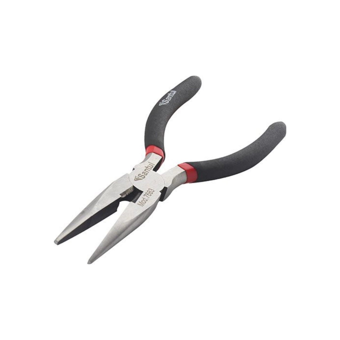 Pinza de punta fina y corte Santul Mod 7683, mangos ergonómicos negros y rojos, para trabajos de precisión.