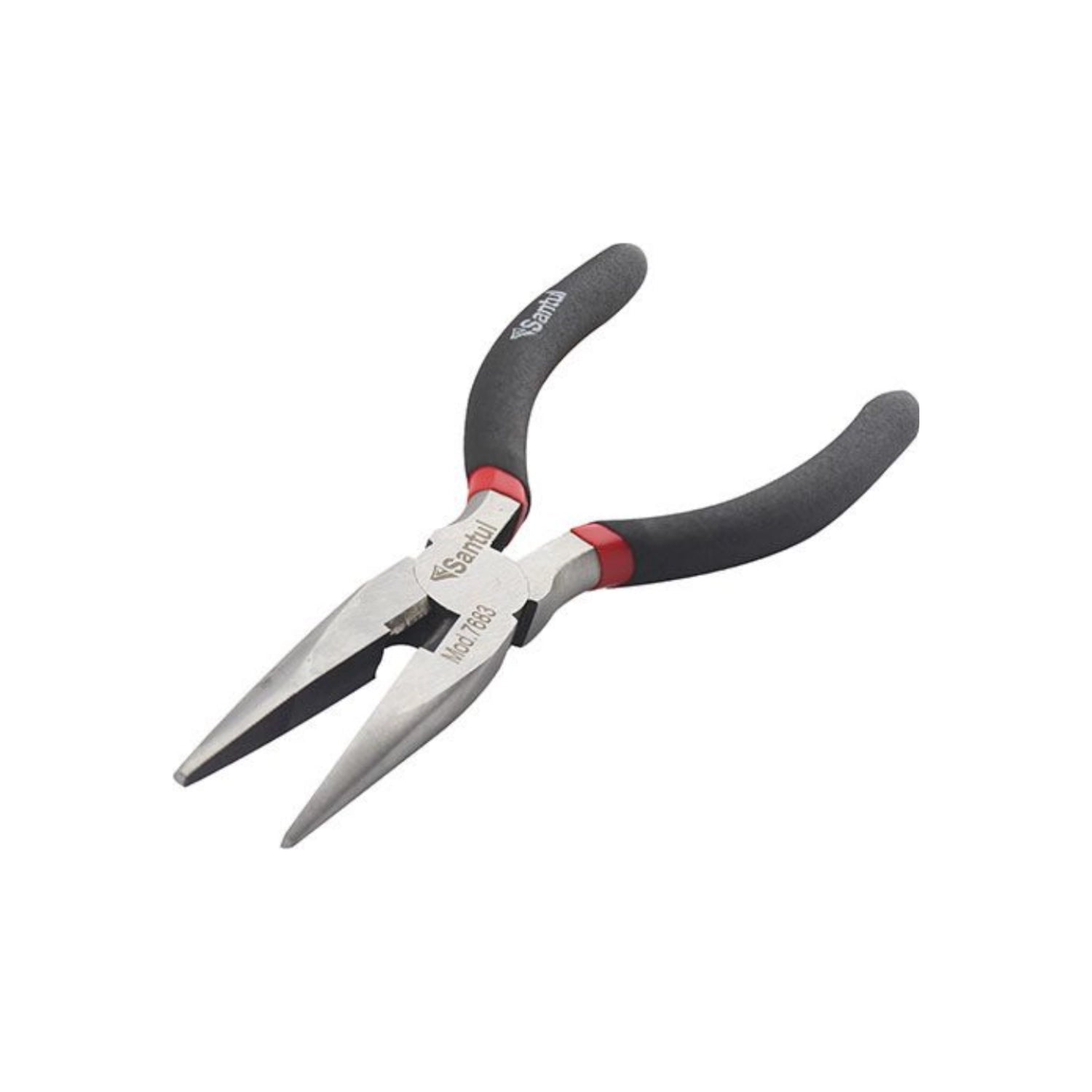 Pinza de punta fina y corte Santul Mod 7683, mangos ergonómicos negros y rojos, para trabajos de precisión.