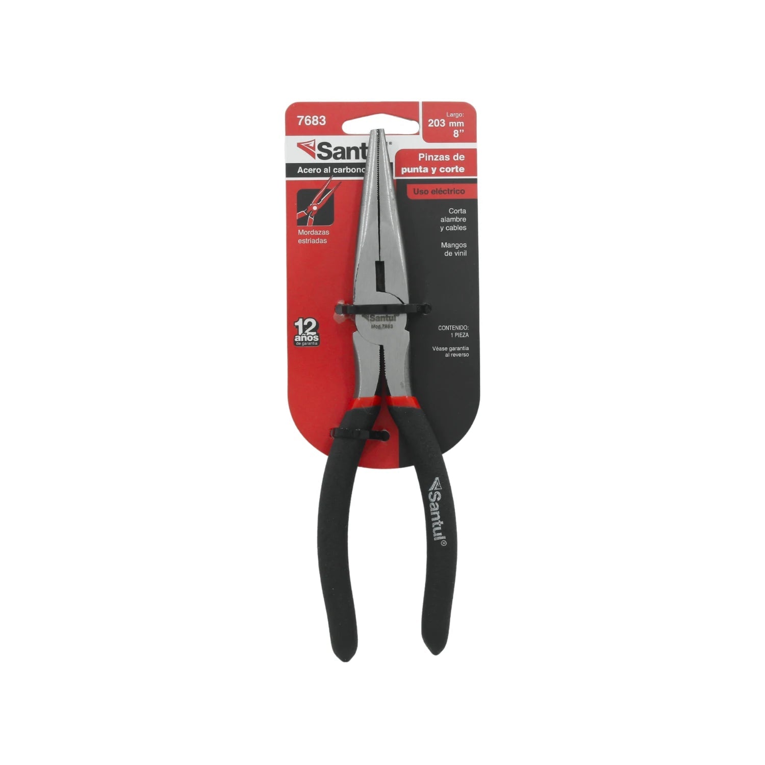Pinzas de punta y corte Santul 7683, 8 pulgadas (203mm), acero al carbono, para electricista, cortan alambre.