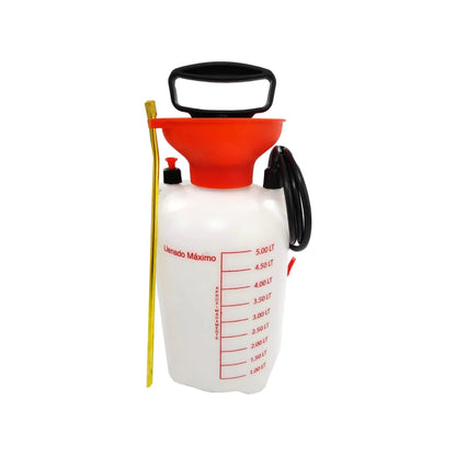 Bomba fumigadora manual de 5 litros blanca con embudo naranja, pulverizador de presión para jardín y agricultura.