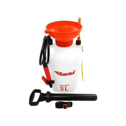 Bomba fumigadora manual Santul 5 litros blanca y naranja, con rociador y correa para jardín y fertilizantes