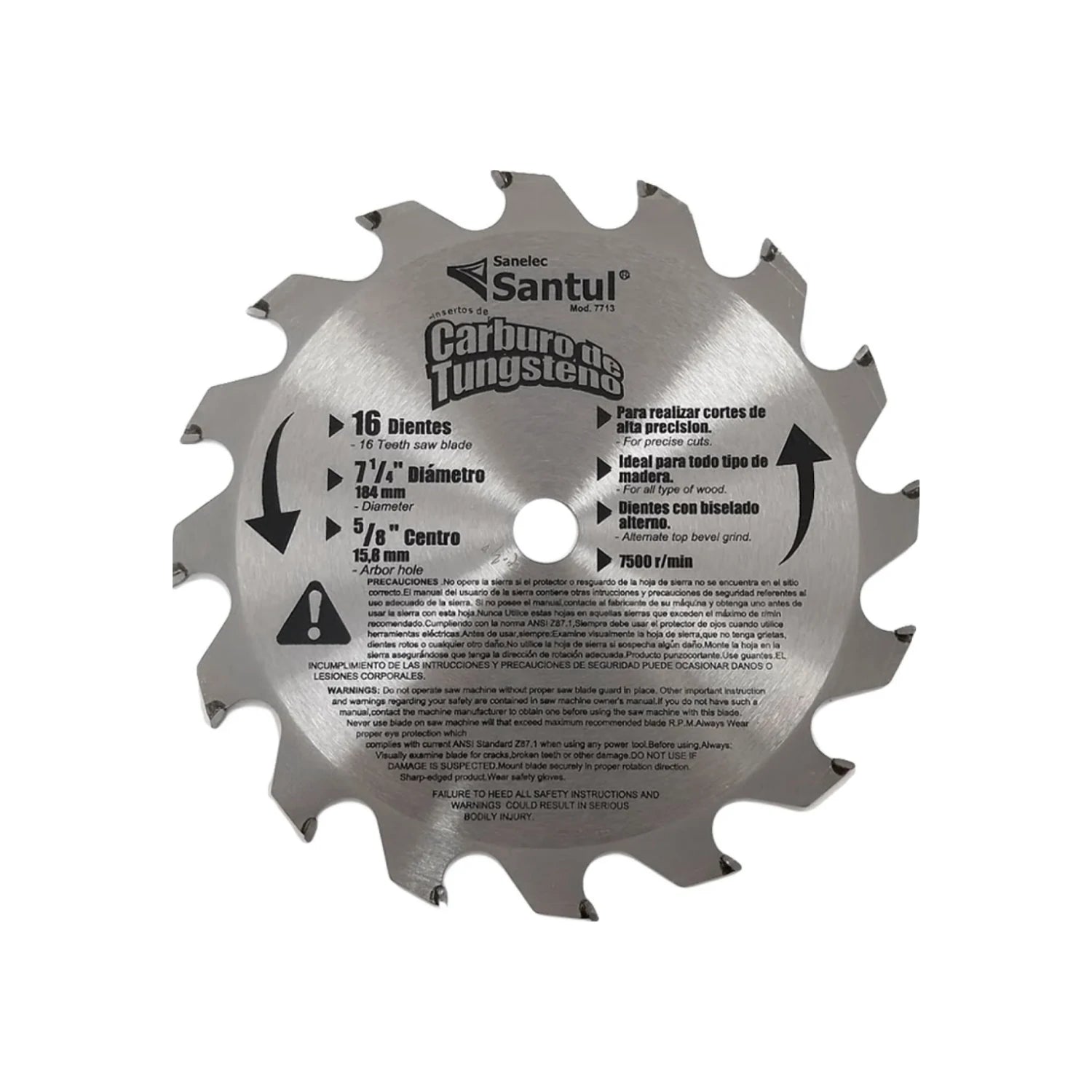 Disco sierra circular Santul 7 1/4" 16 dientes de carburo de tungsteno para madera, cortes precisos.