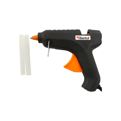 Pistola de silicón caliente Santul negra con gatillo naranja y 2 barras de pegamento. Herramienta eléctrica