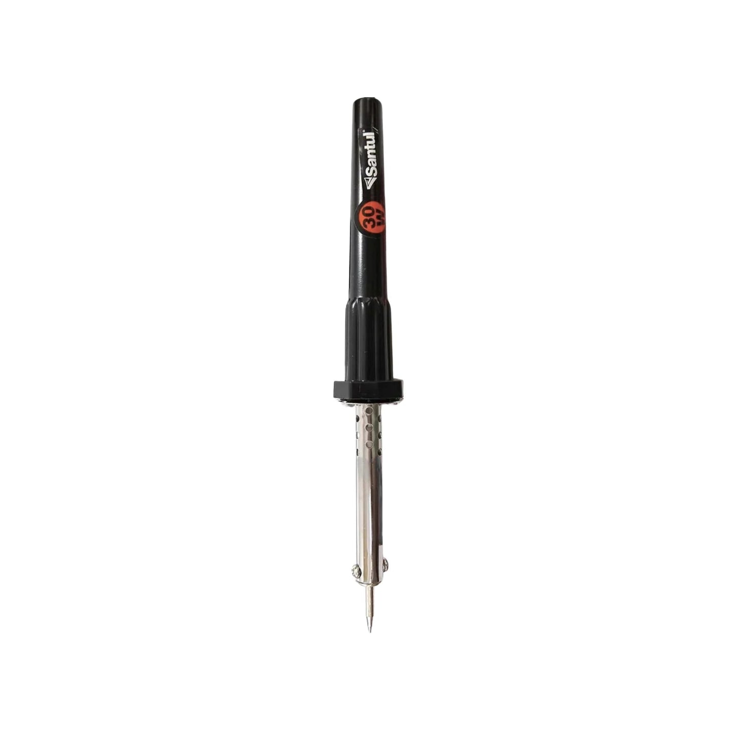 Cautín eléctrico tipo lápiz Santul 30W con punta fina para soldar componentes electrónicos.