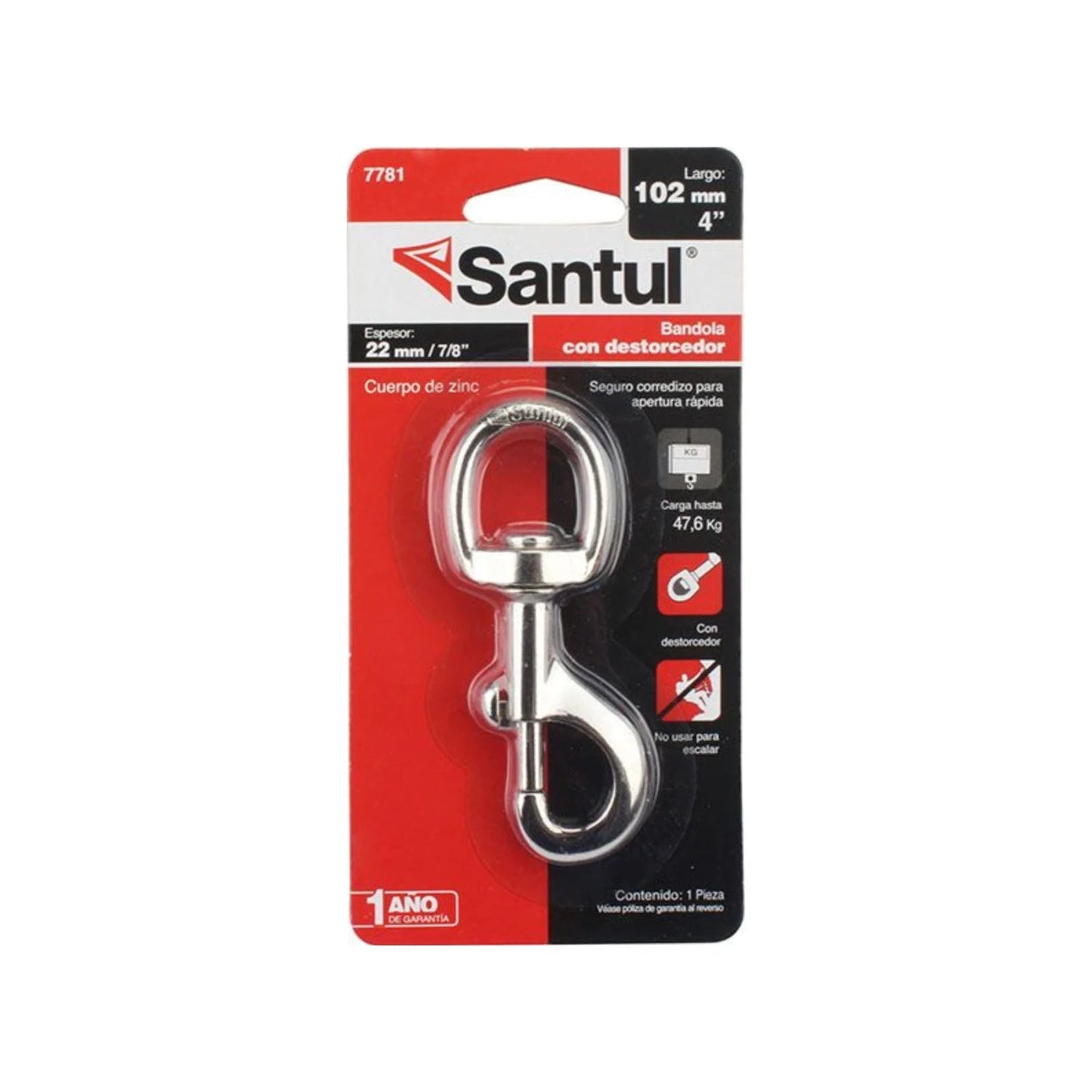 Bandola Santul de zinc 7/8"x4" (22x102mm) con destorcedor y seguro corredizo, capacidad 47.6kg