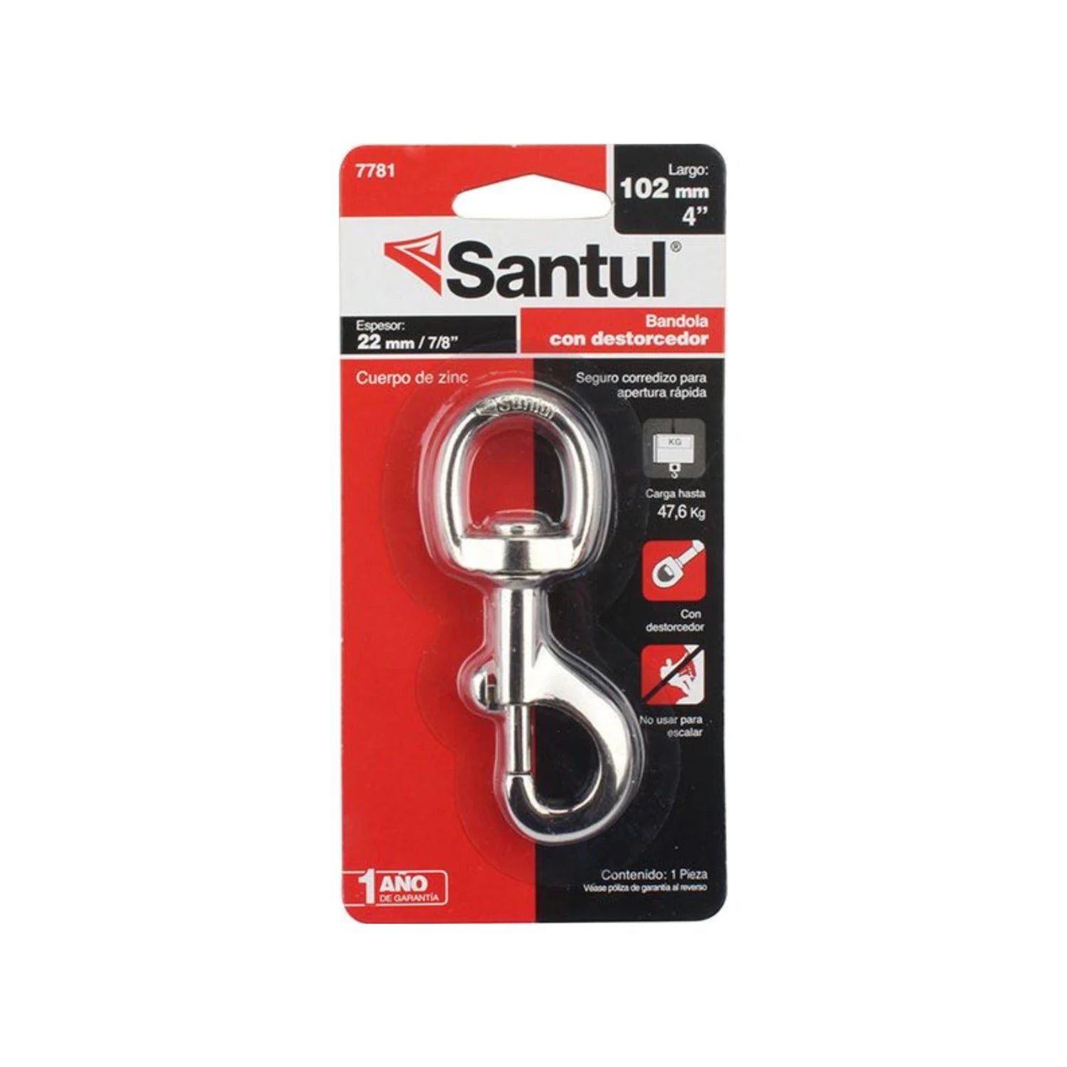 Bandola Santul de zinc 7/8"x4" (22x102mm) con destorcedor y seguro corredizo, capacidad 47.6kg