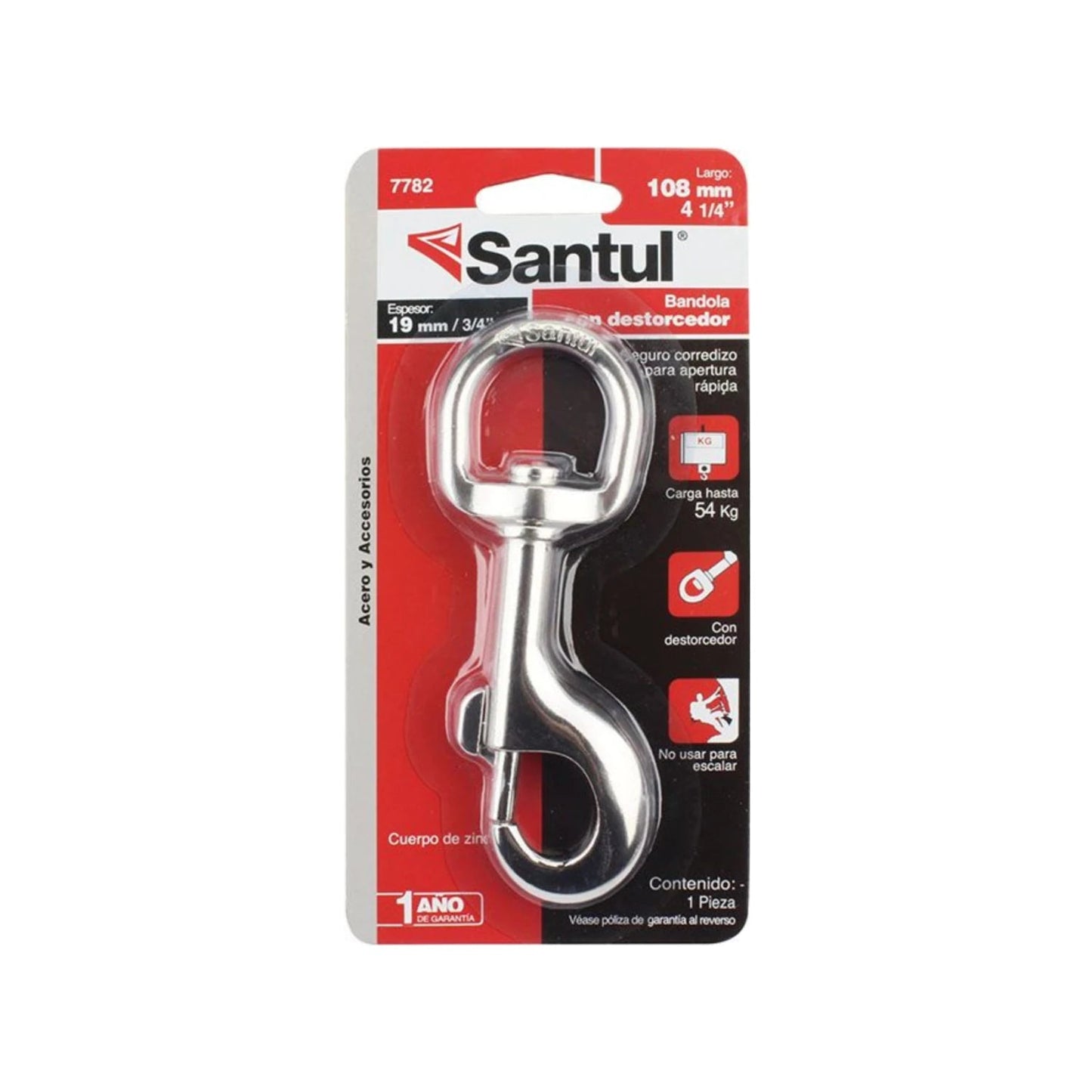 Bandola con destorcedor Santul de zinc 3/4x4 1/4 pulg, soporta 54 Kg, gancho mosquetón de seguridad.