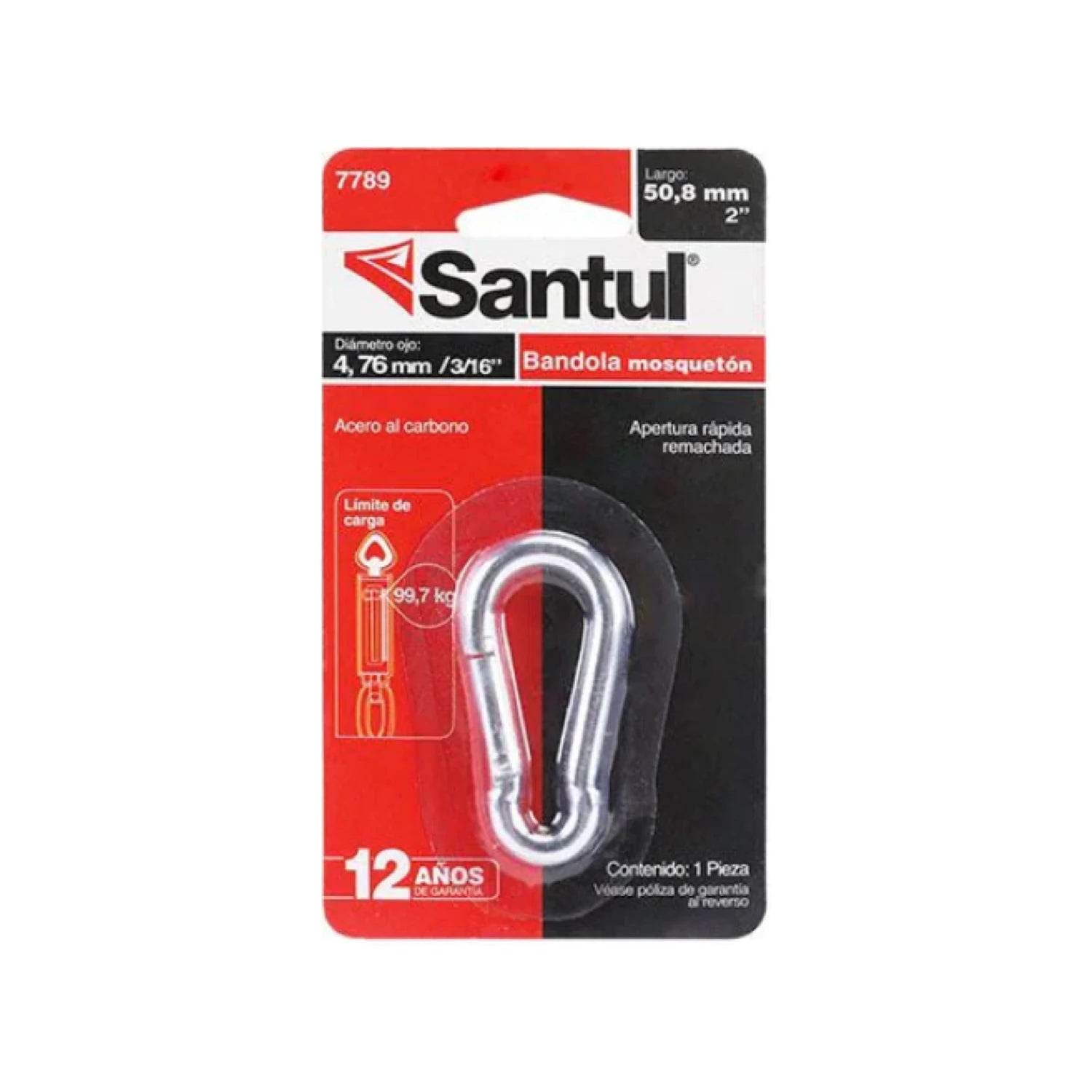 Gancho mosquetón Santul acero carbono 3/16"x2" carga 99.7 kg plata, apertura rápida