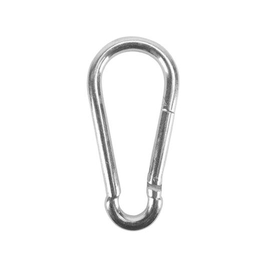 Mosquetón de seguridad de acero inoxidable plateado 3/16"x2" tipo bandola para enganche rápido y sujeción.
