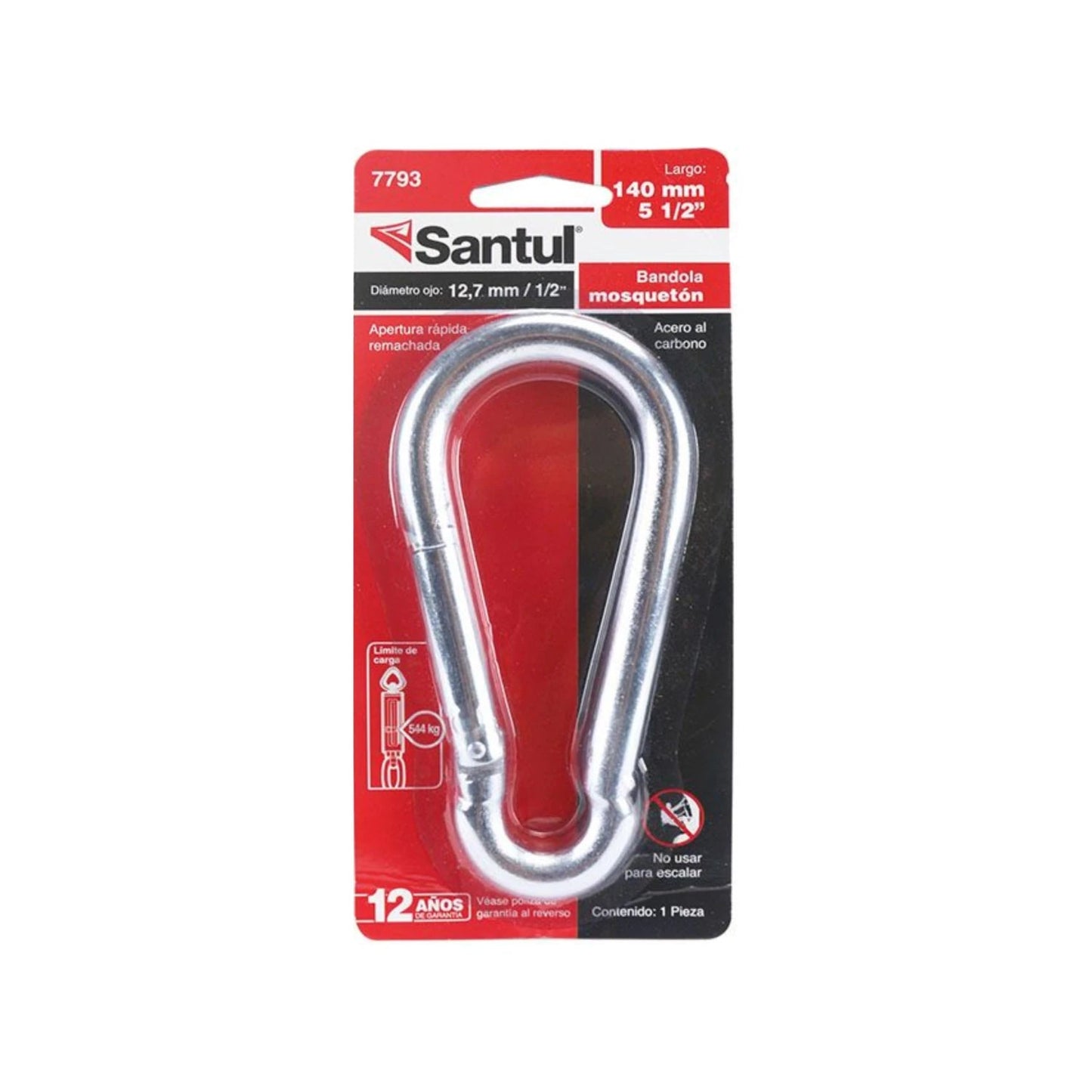 Bandola mosquetón Santul 7793 de acero al carbono 1/2x5 1/2", capacidad 544kg, no usar para escalar