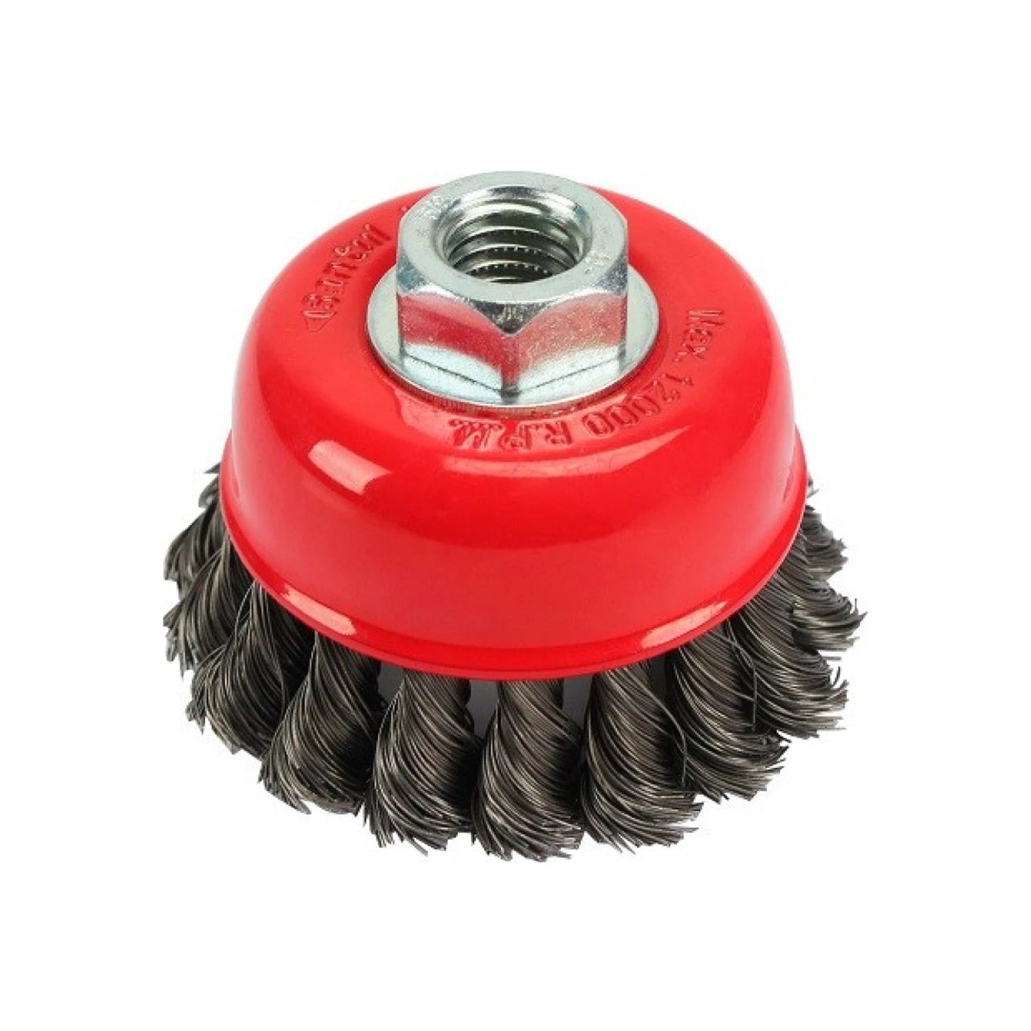 Carda de copa trenzada de acero para pulidora, cepillo de alambre resistente con base roja para desbaste y limpieza.