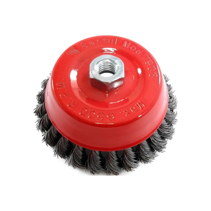 Carda de copa trenzada de alambre Santul 7906, base roja para esmerilado y desbaste de metal.