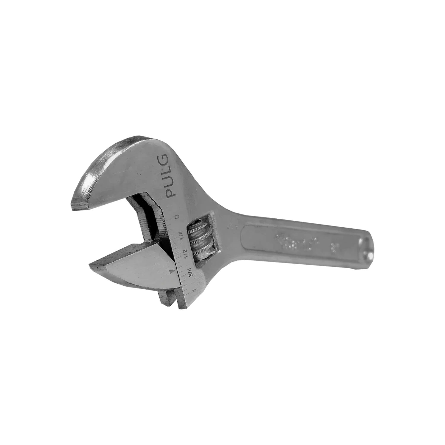 Llave perico ajustable de metal cromado marca PULG con escala de medición para apriete