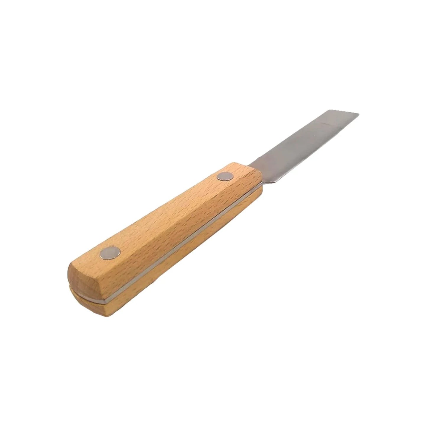Cuchillo recto 3 pulgadas con hoja de metal y mango de madera claro, herramienta de corte para ferretería.