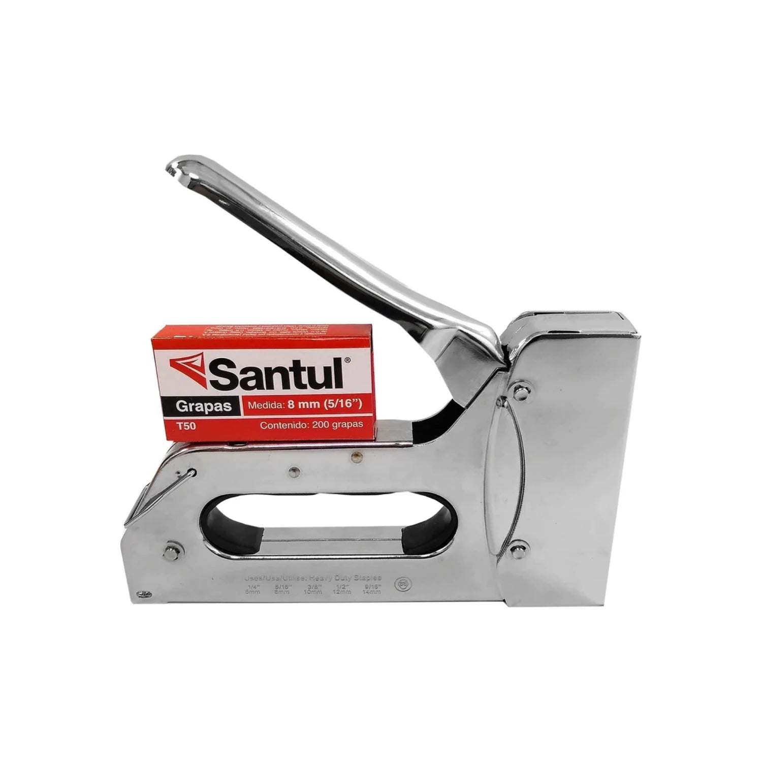Engrapadora Santul T50 de metal cromado con caja de grapas 8mm (5/16") para uso rudo y trabajo pesado.