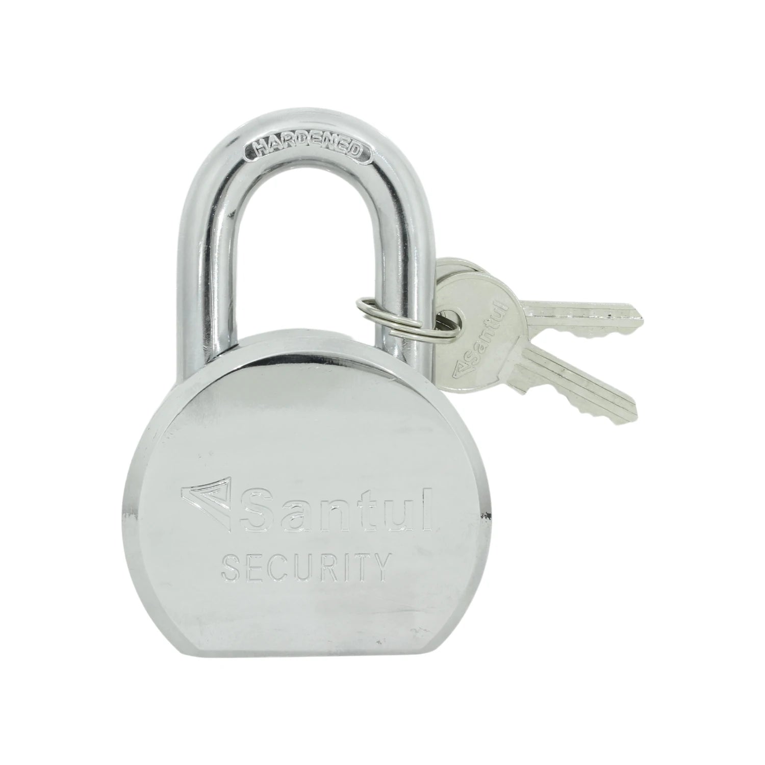 Candado de disco Santul cromado con arco endurecido y dos llaves para seguridad.