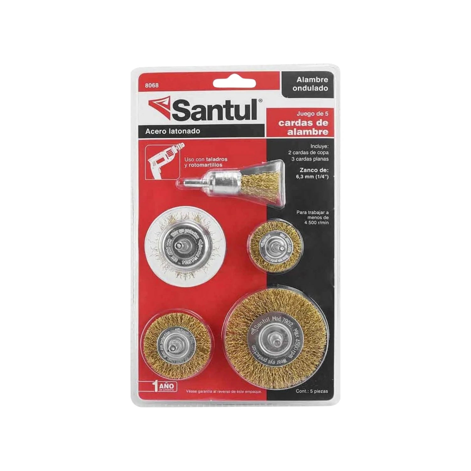 Juego 5 cardas de alambre Santul 8068 para taladro, cepillos latonados ondulados, limpieza y desbaste de metal