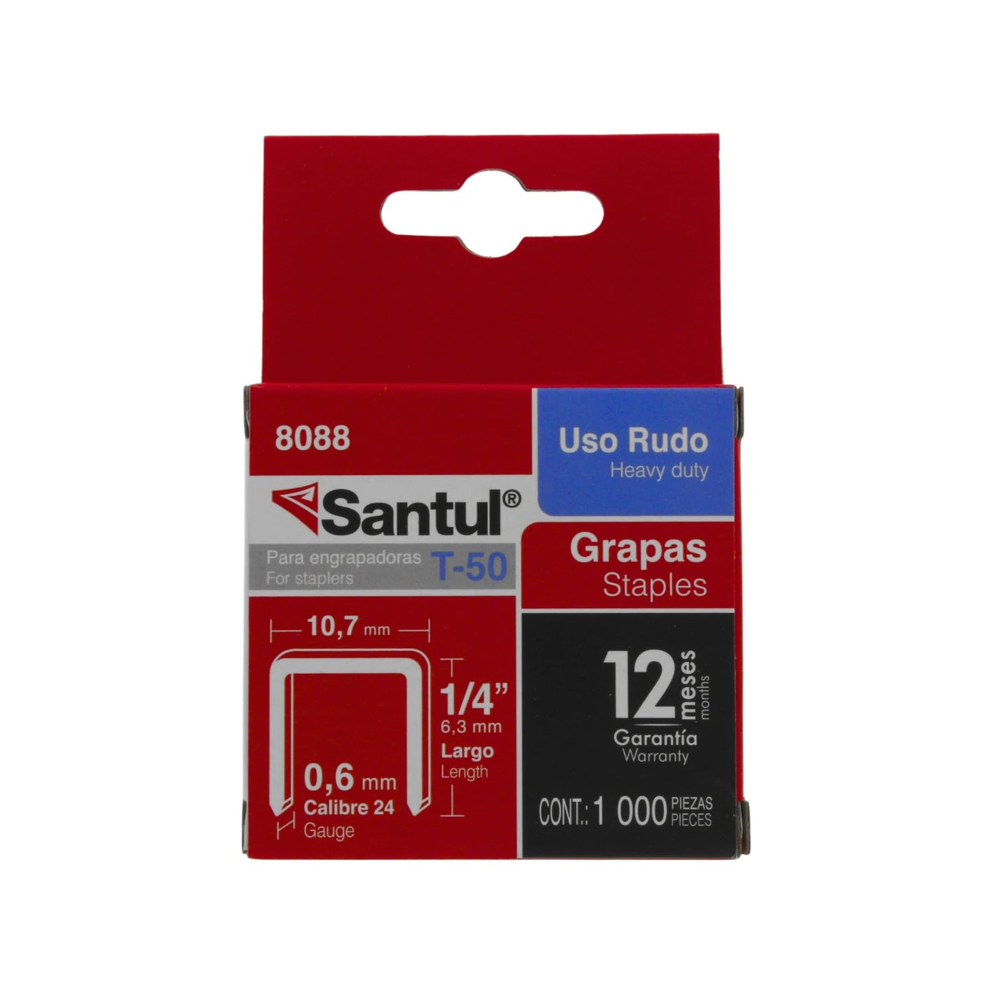 Grapas Santul T-50 uso rudo 1/4 pulgada (6.3mm) x 10.7mm, calibre 24, 1000 piezas para engrapadora