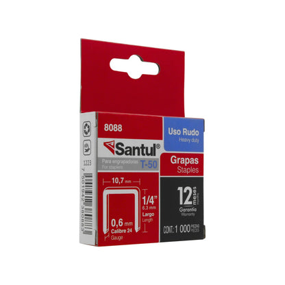 Grapas Santul T-50 para engrapadora, 1/4 pulgada (6.3mm) heavy duty, caja roja con 1000 piezas