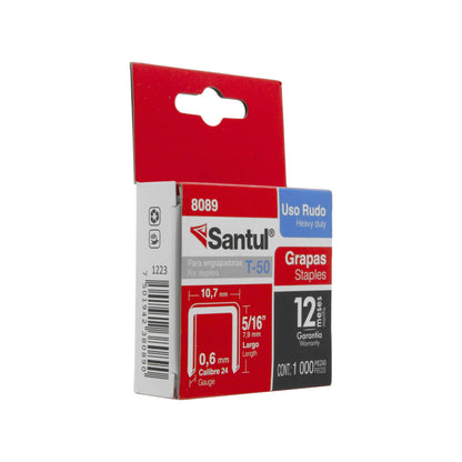 Grapas Santul T-50 heavy duty 5/16" (8mm) calibre 24, 1000 piezas para engrapadora