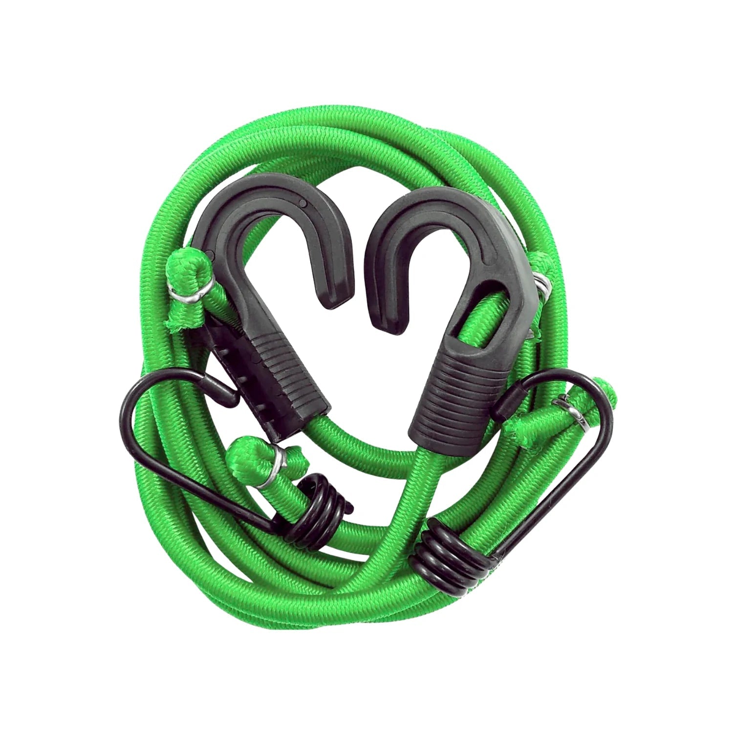 Tensor elástico verde con ganchos de plástico y metal, enrollado para sujetar y asegurar objetos.